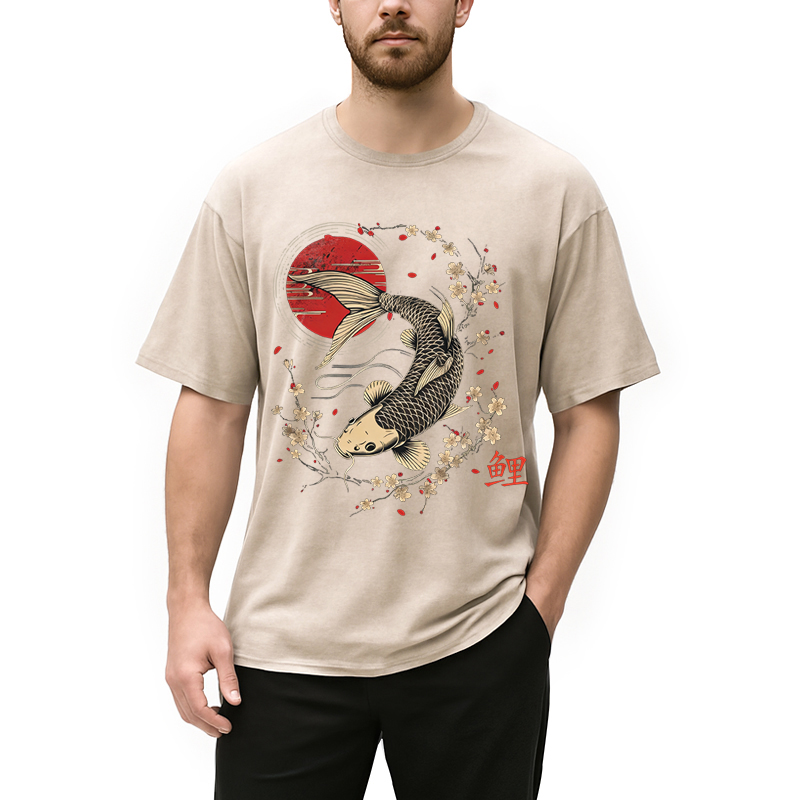 Tokyocanvas Kersenbloesem Koi Karper Washed T-Shirt