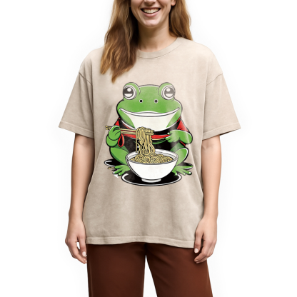 Tokyocanvas Cute Frog Eating Ramen Washed T-Shirt