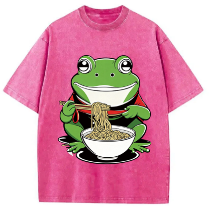 Tokyocanvas Cute Frog Eating Ramen Washed T-Shirt