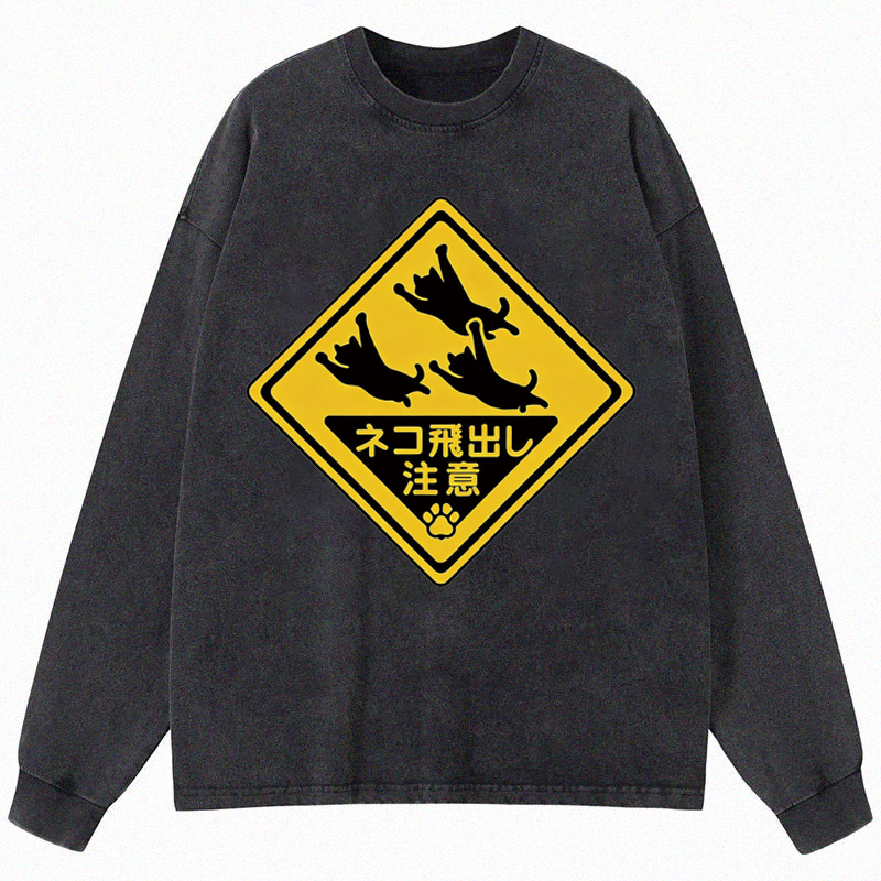 Tokyocanvas Cat Jumping Out Long Sleeve Washed T-Shirt