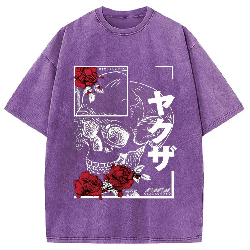 Tokyocanvas Skull Red Roses Washed T-Shirt