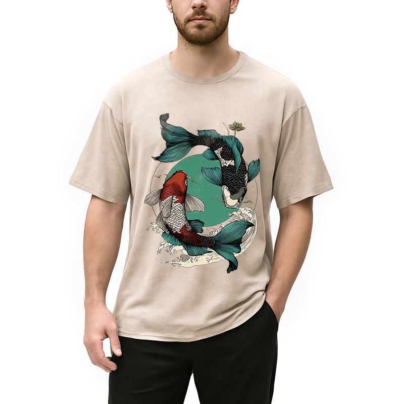 Tokyocanvas YinYang Koi Fish Zen Washed T-Shirt