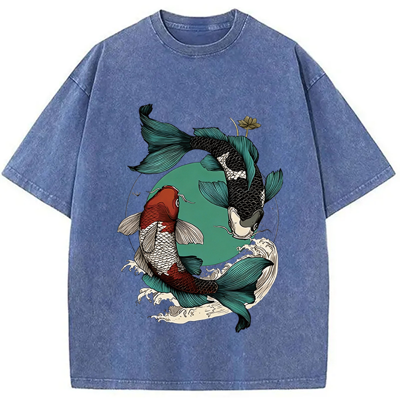 Tokyocanvas YinYang Koi Fish Zen Washed T-Shirt