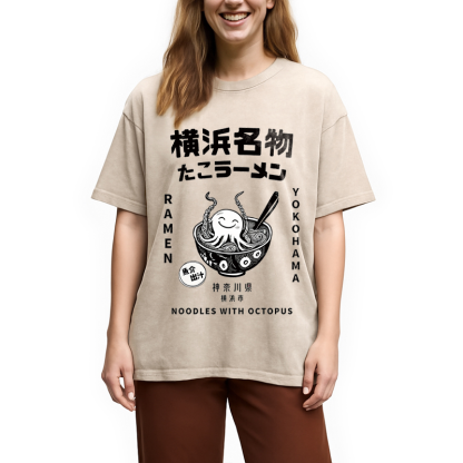 Tokyocanvas Japanese Kanji Art Octopus Ramen Washed T-Shirt