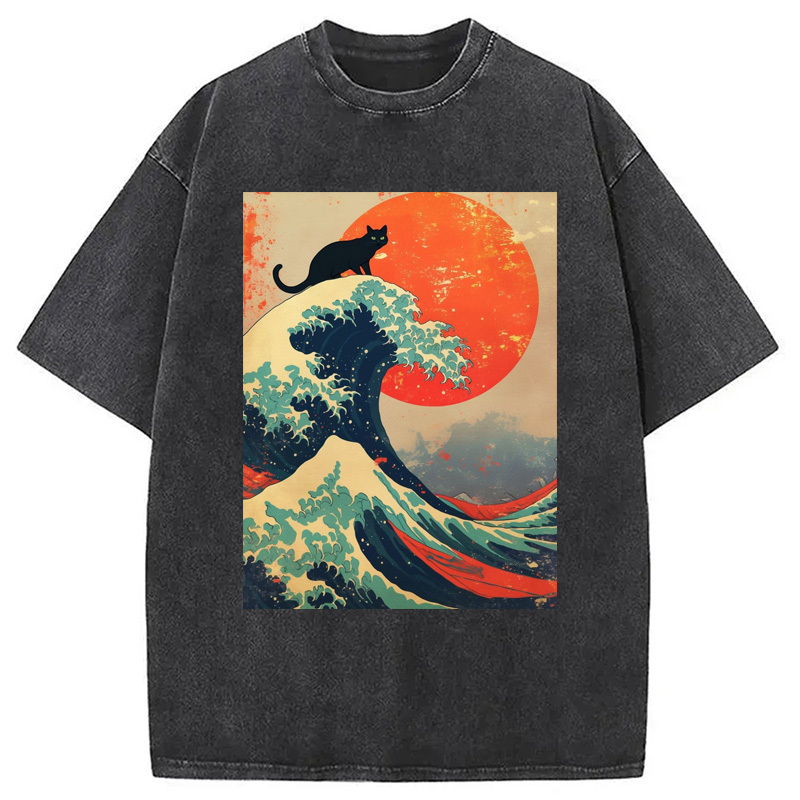 Tokyocanvas Black Cat On Great Wave Washed T-Shirt