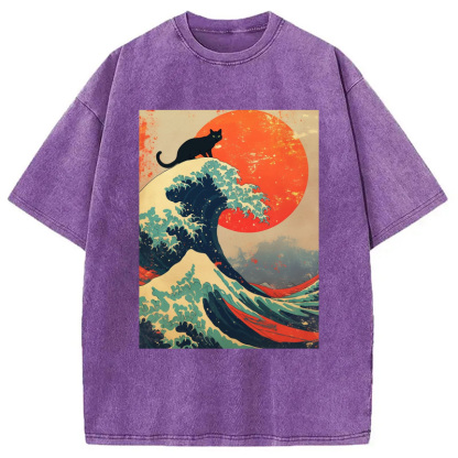 Tokyocanvas Black Cat On Great Wave Washed T-Shirt