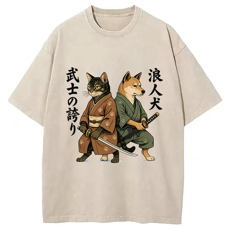 Tokyocanvas Samurai Cat vs Ronin Dog Washed T-Shirt