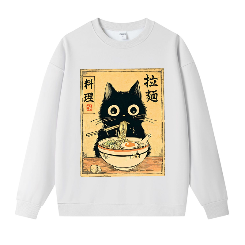Tokyocanvas Cute Black Cat Eating Ramen Fleece Lined Sweatshirt