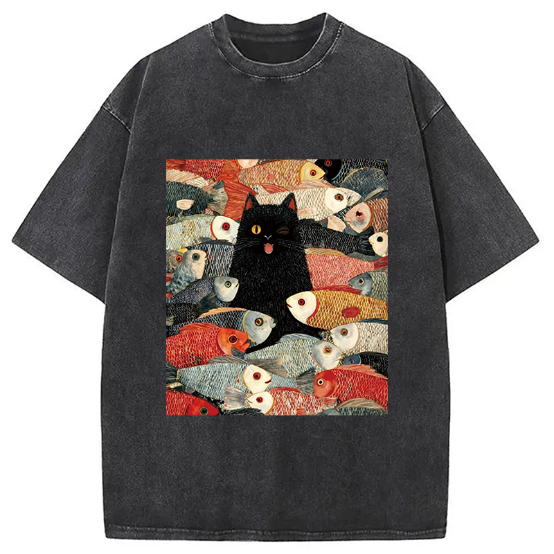 Tokyocanvas Black Cat Koi Fish Washed T-Shirt