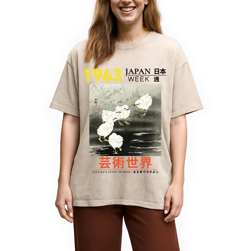 Tokyocanvas Chicks Eating Worms Washed T-Shirt