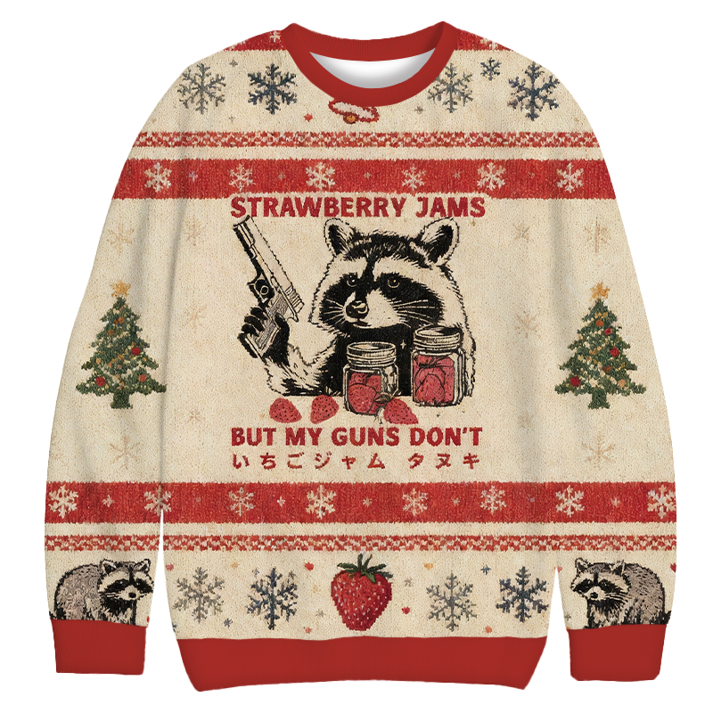 Tokyocanvas Strawberry Jams Funny Raccoon Christmas Ugly Sweatshirt