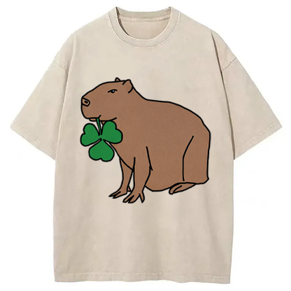 Tokyocanvas Cute Capybara with Shamrock Washed T-Shirt