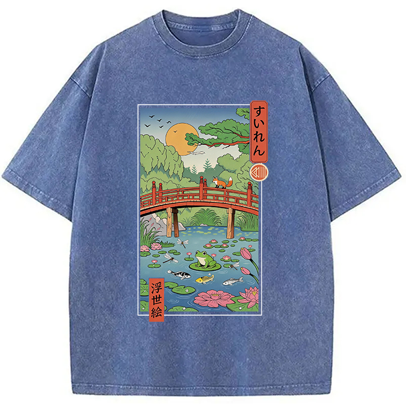 Tokyocanvas Water Lilies Ukiyo-e Washed T-Shirt
