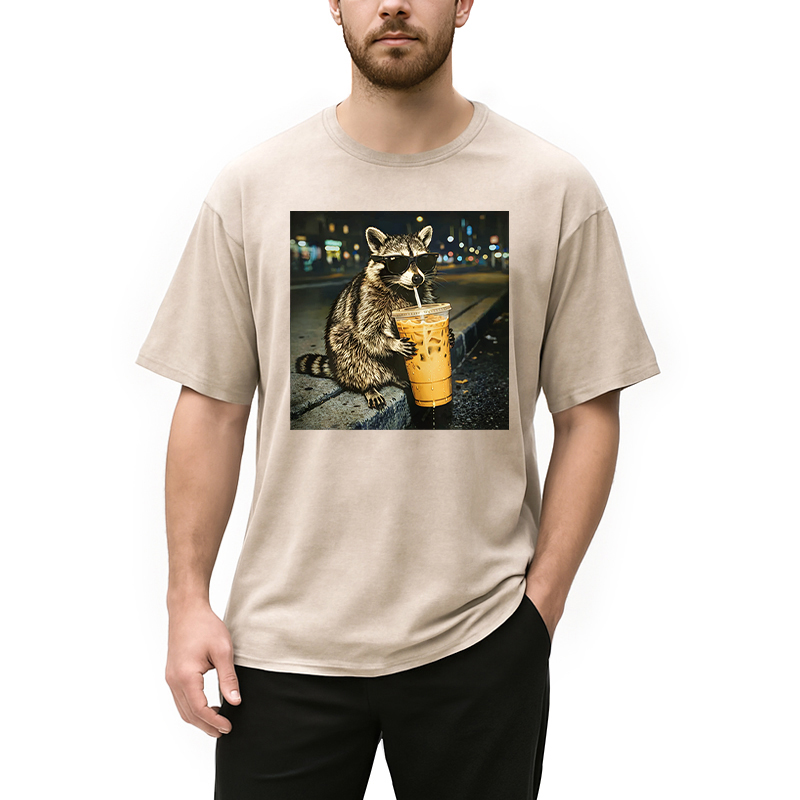 Tokyocanvas Racoon with a Ice Coffee Washed T-Shirt