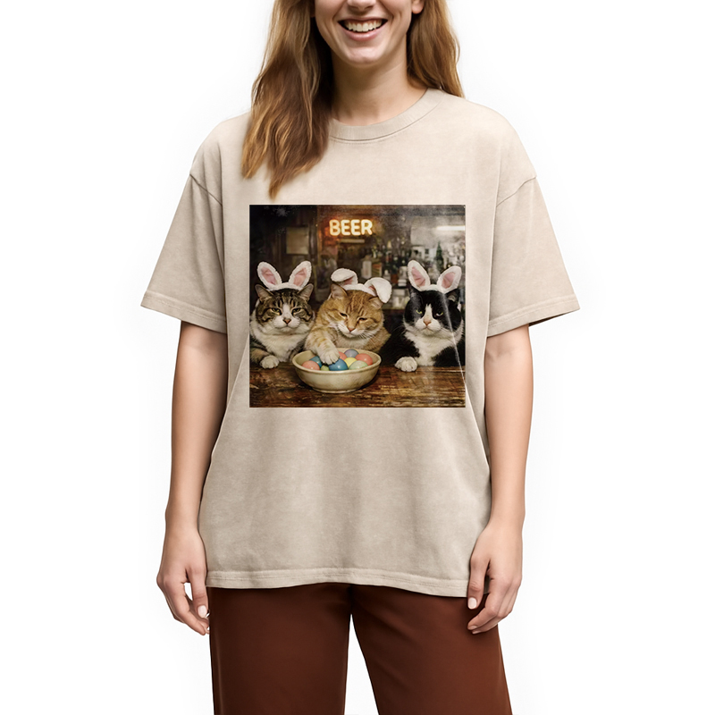 Tokyocanvas Funny Easter Cats Washed T-Shirt