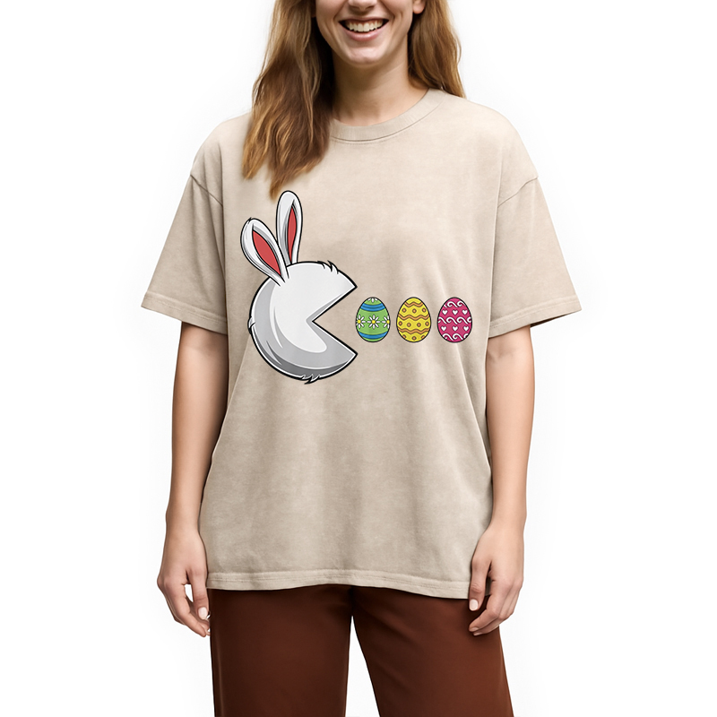 Tokyocanvas Funny Easter Bunny Egg Hunter Washed T-Shirt