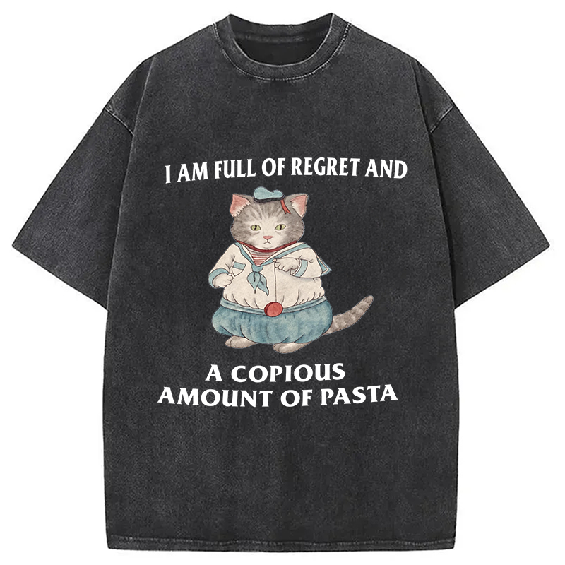 Tokyocanvas I Am Full Of Regret And A Copious Amount Of Pasta Cats Meme Washed T-Shirt