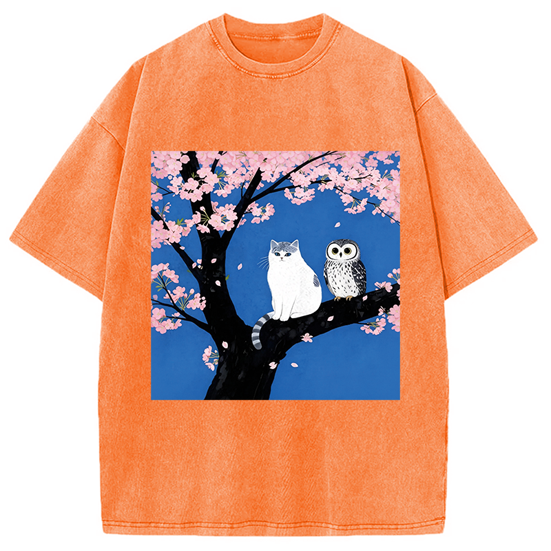 Tokyocanvas Cat And Owl Under Sakura Washed T-Shirt