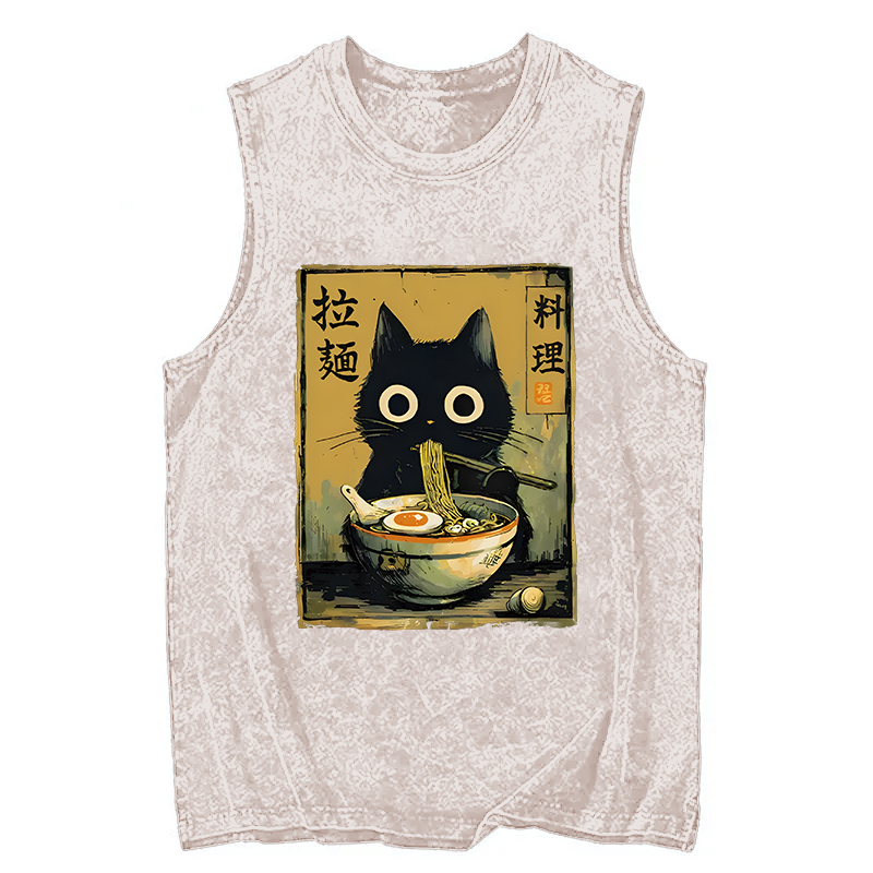 Tokyocanvas Cute Black Cat Eating Ramen Washed Tank