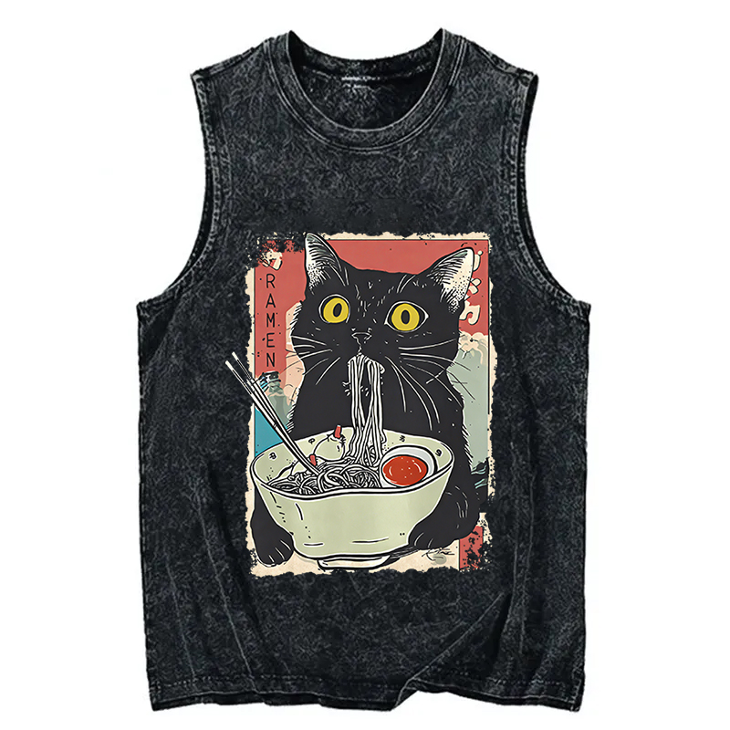 Tokyocanvas Cute Cat Eating Ramen Washed Tank
