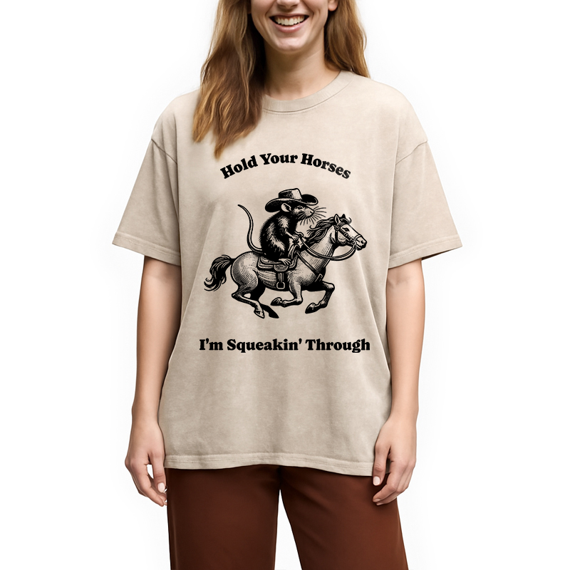 Tokyocanvas Hold Your Horse Funny Cowboy Rat Washed T-Shirt