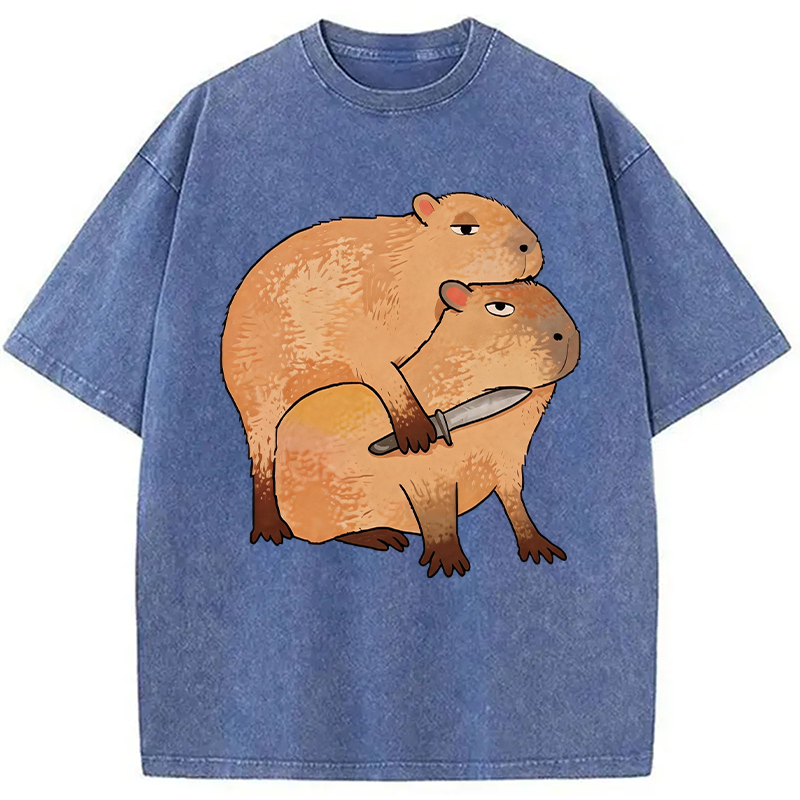 Tokyocanvas Capybara With Knife Funny Washed T-Shirt