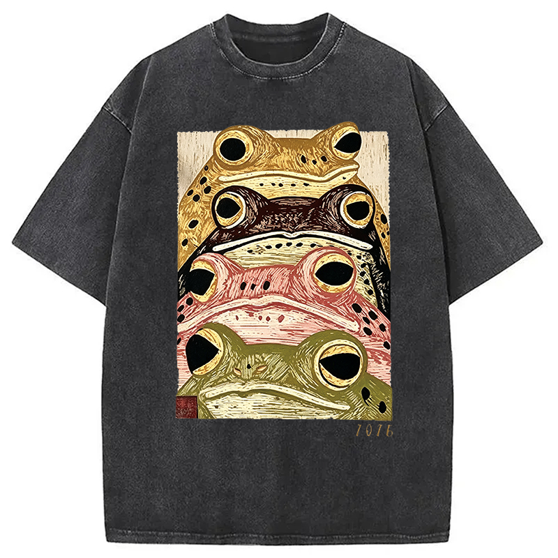 Tokyocanvas Whimsical Multi Colored Frog Art Washed T-Shirt