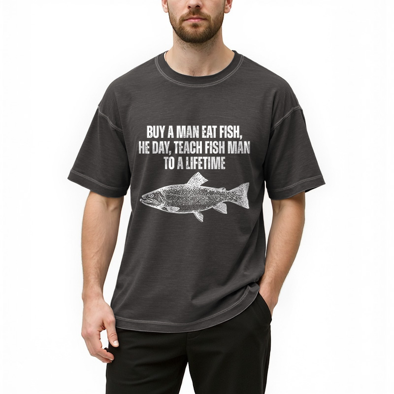 Tokyocanvas Buy a Man Eat Fish Funny Meme Gradient Washed T-Shirt