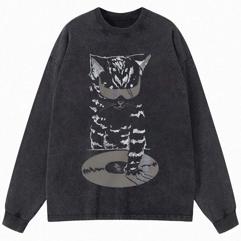 Tokyocanvas DJ Cat Long Sleeve Washed T-Shirt