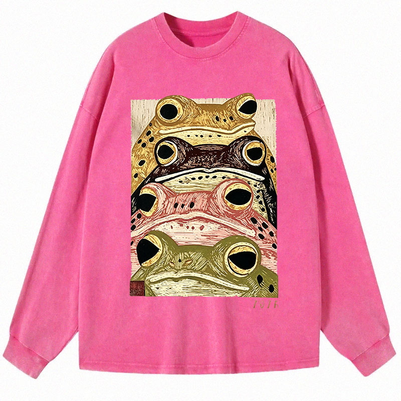 Tokyocanvas Whimsical Multi Colored Frog Art Long Sleeve Washed T-Shirt