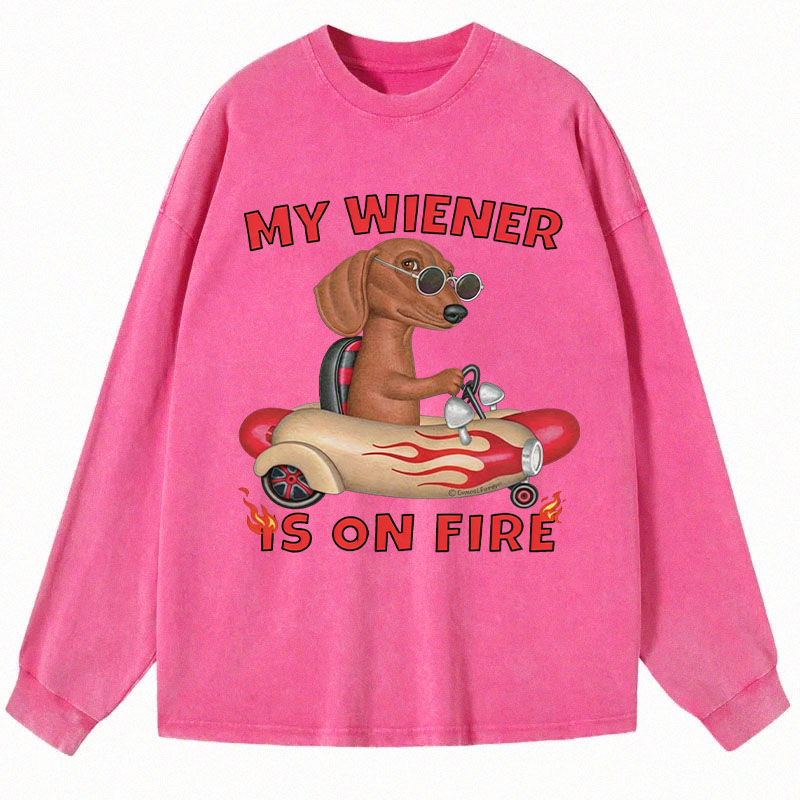 Tokyocanvas My Wiener Is On Fire Funny Dog Long Sleeve Washed T-Shirt