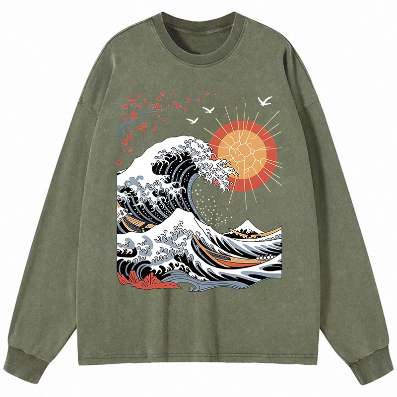 Tokyocanvas Ocean Sun Cherry Blossom Long Sleeve Washed T-Shirt