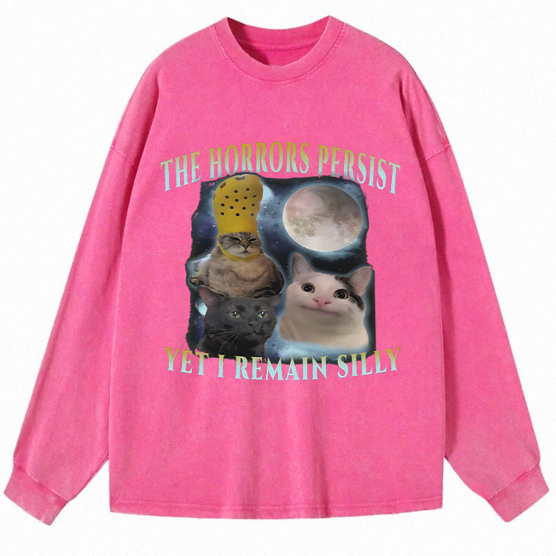 Tokyocanvas The Horrors Persist Yet I Remain Silly Cat Long Sleeve Washed T-Shirt