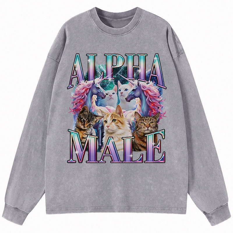 Tokyocanvas Alpha Male Unicorn Cat Long Sleeve Washed T-Shirt