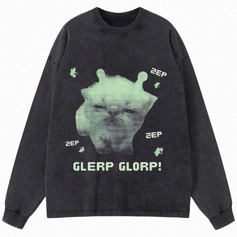 Tokyocanvas Sleepy Glerp Glorp Funny Cat Meme Long Sleeve Washed T-Shirt