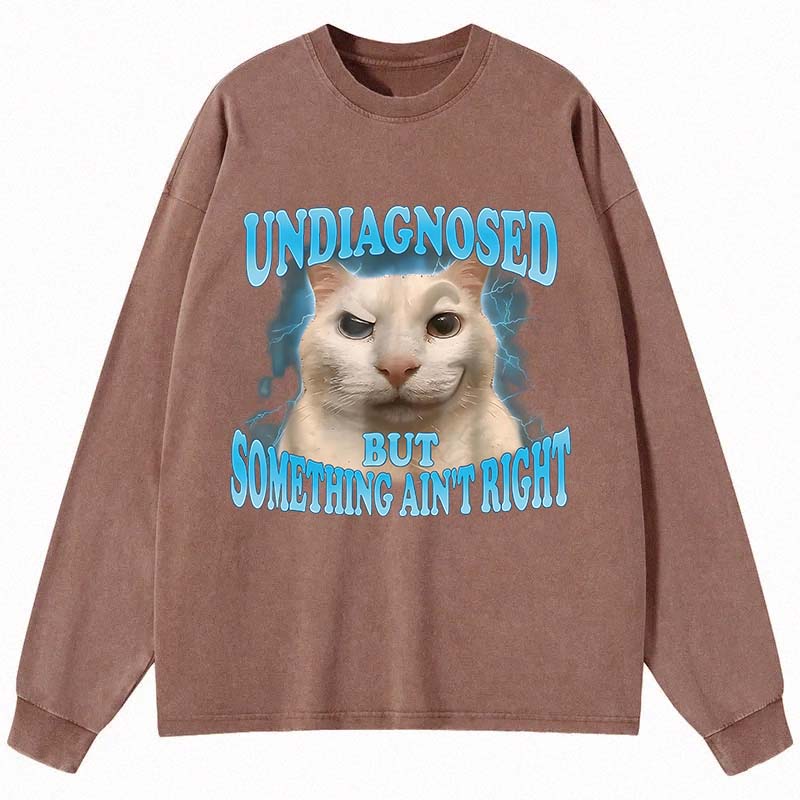 Tokyocanvas Undiagnosed But Something Ain't Right Funny Cat Meme Long Sleeve Washed T-Shirt
