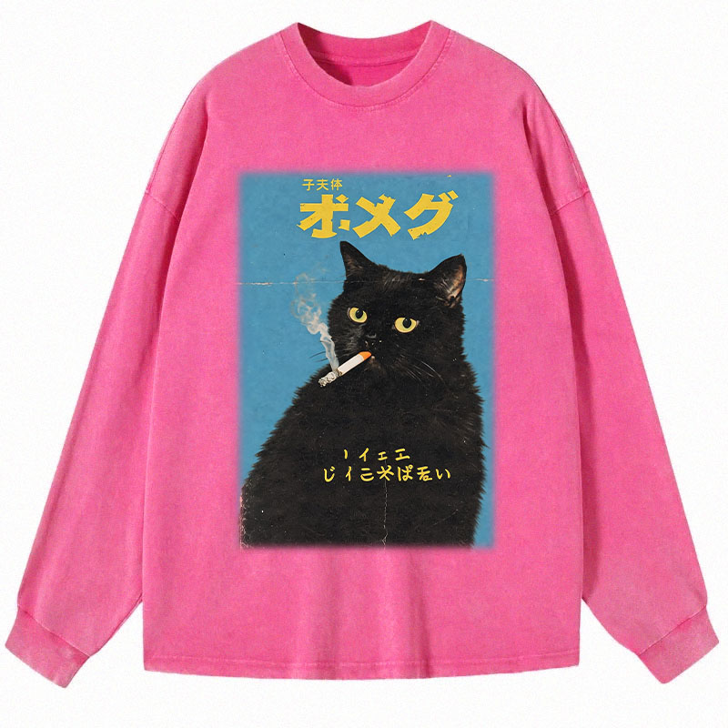 Tokyocanvas Vintage Japanese Smoking Black Cat Long Sleeve Washed T-Shirt