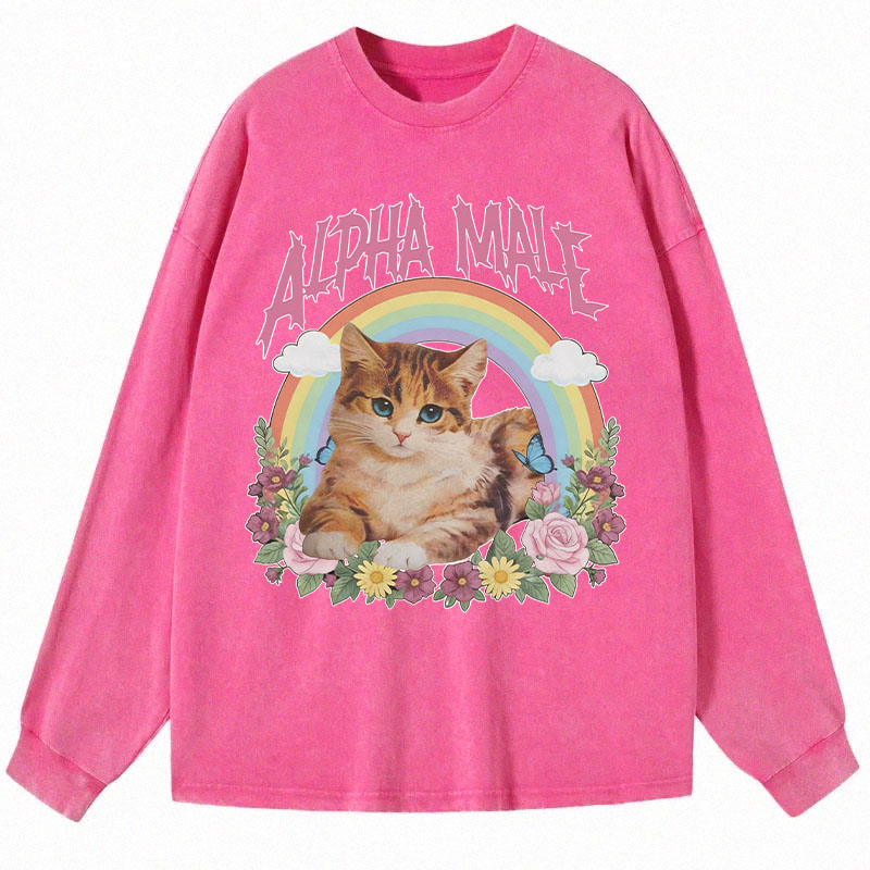 Tokyocanvas Alpha Male Funny Kitten Meme Long Sleeve Washed T-Shirt