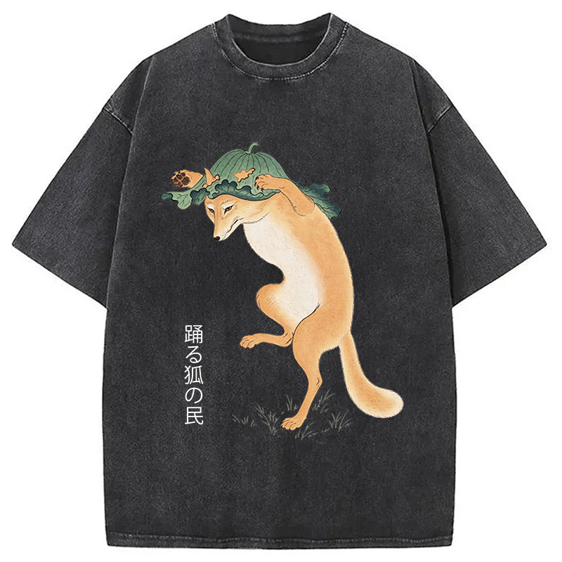 Tokyocanvas Dancing Fox Folk Woodblock Art Washed T-Shirt