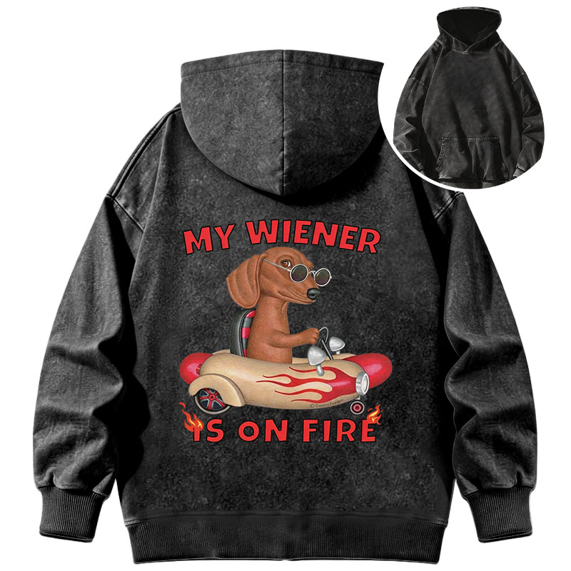 Tokyocanvas My Wiener Is On Fire Funny Dog Washed Hoodie