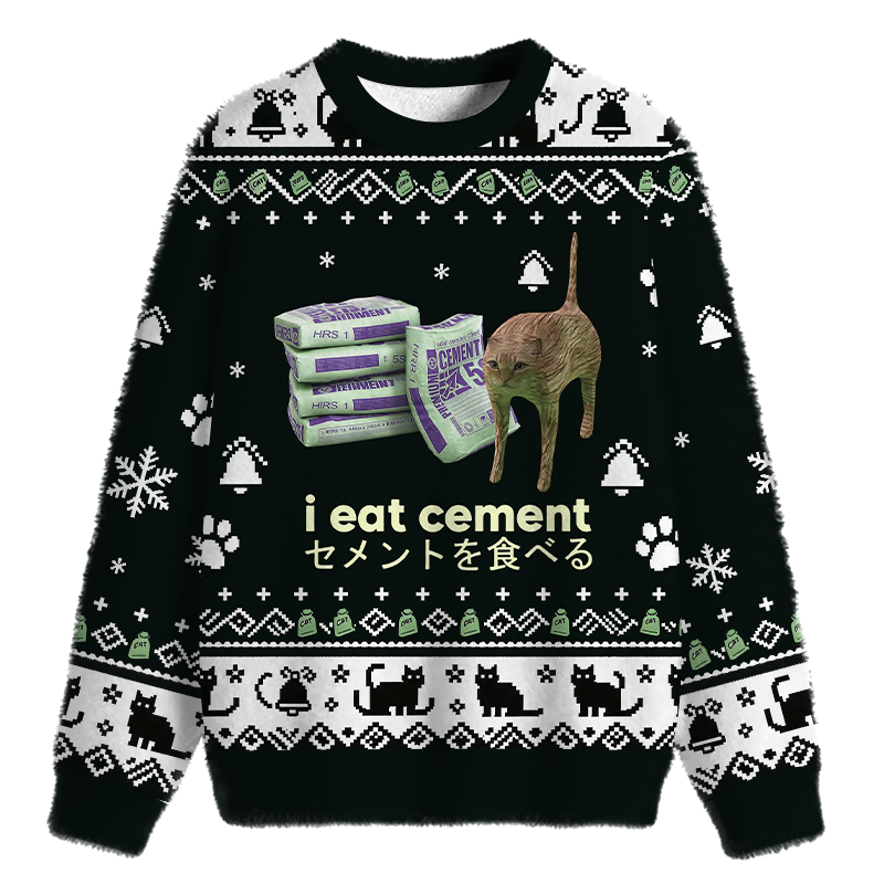 Tokyocanvas Funny Internet Cement Cat Black Fuzzy Christmas Ugly Sweatshirt