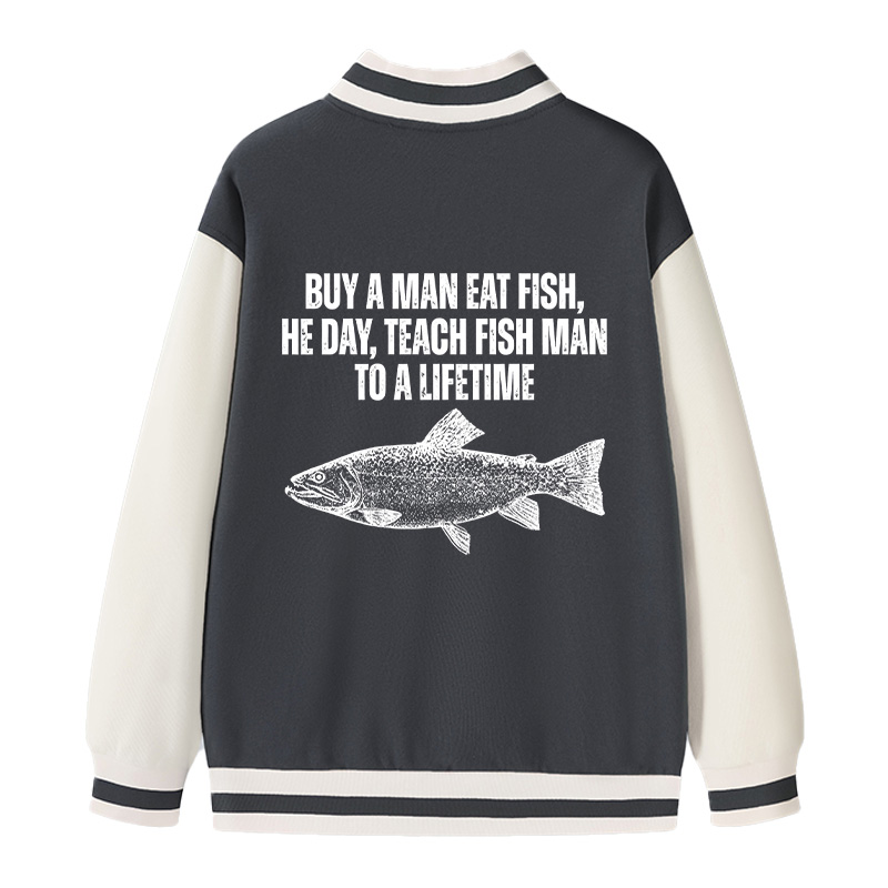 Tokyocanvas Buy a Man Eat Fish Funny Meme Varsity Jacket