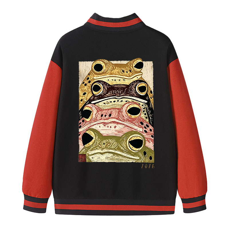 Tokyocanvas Whimsical Multi Colored Frog Art Varsity Jacket