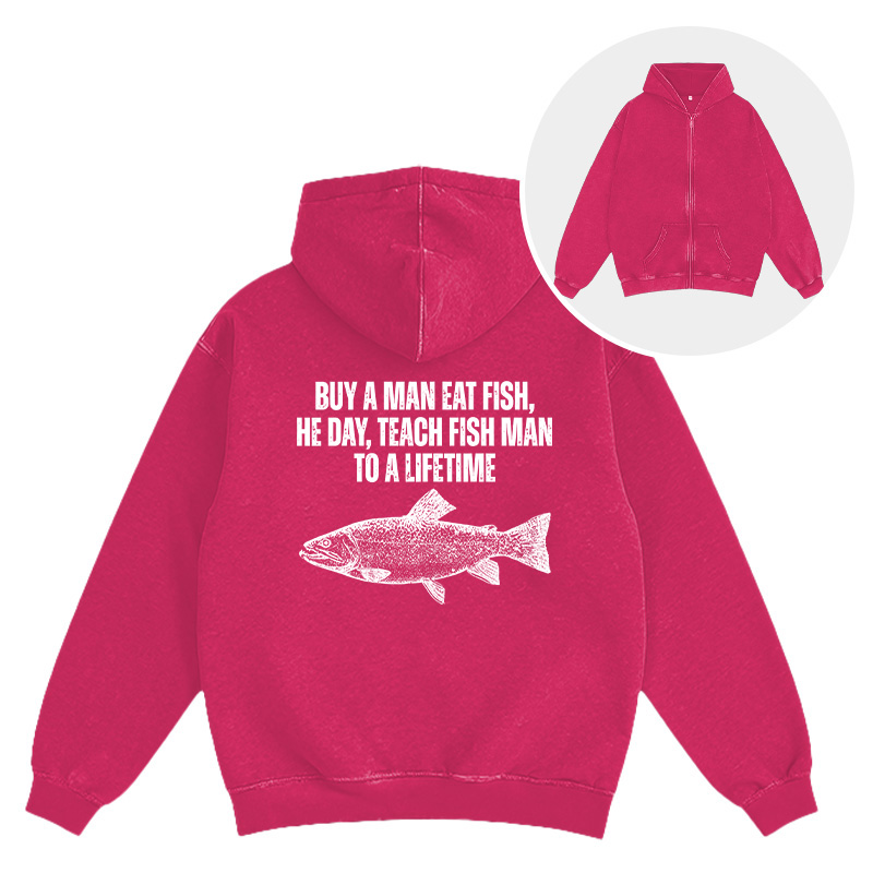 Tokyocanvas Buy a Man Eat Fish Funny Meme Washed Zip Hoodie