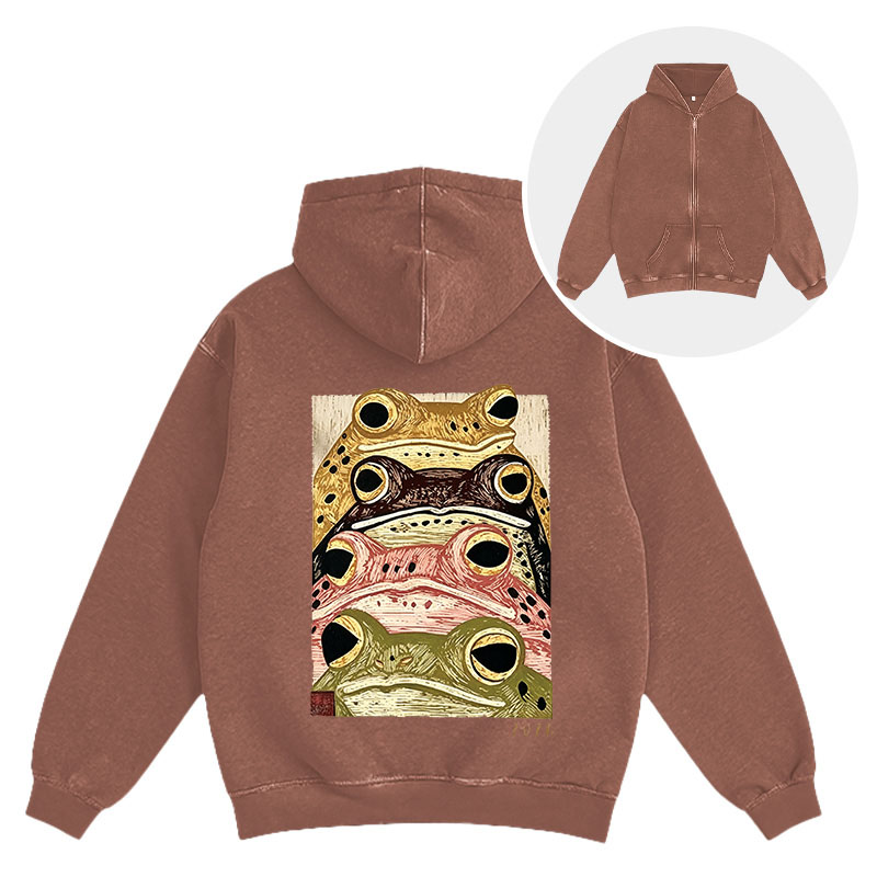 Tokyocanvas Whimsical Multi Colored Frog Art Washed Zip Hoodie