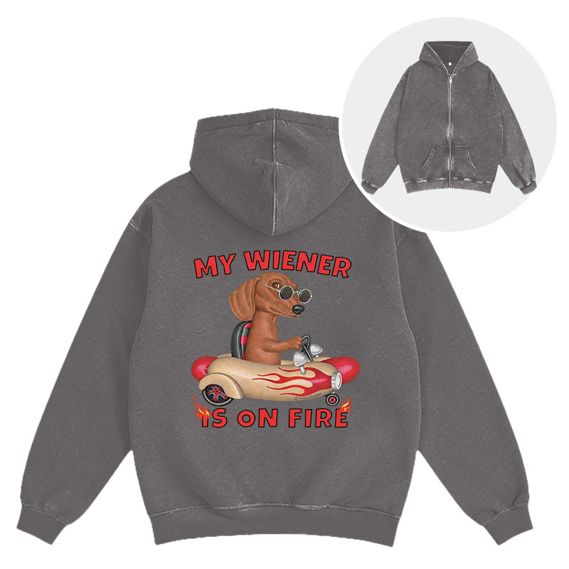 Tokyocanvas My Wiener Is On Fire Funny Dog Washed Zip Hoodie