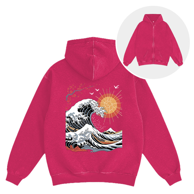 Tokyocanvas Ocean Sun Cherry Blossom Washed Zip Hoodie
