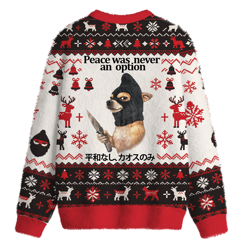 Tokyocanvas Funny Cursed Dog with Knife Fuzzy Christmas Ugly Sweatshirt