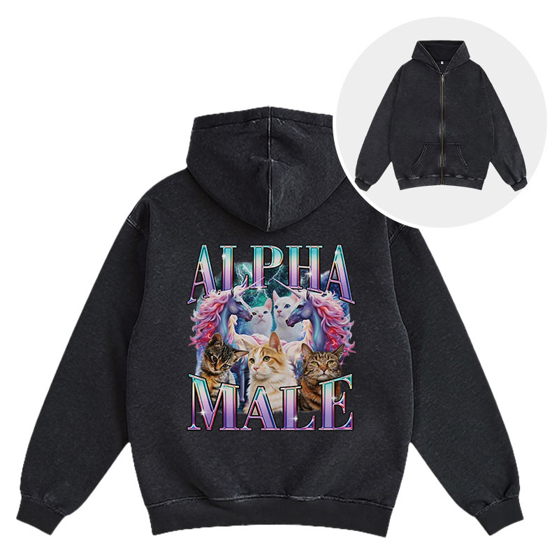 Tokyocanvas Alpha Male Unicorn Cat Washed Zip Hoodie