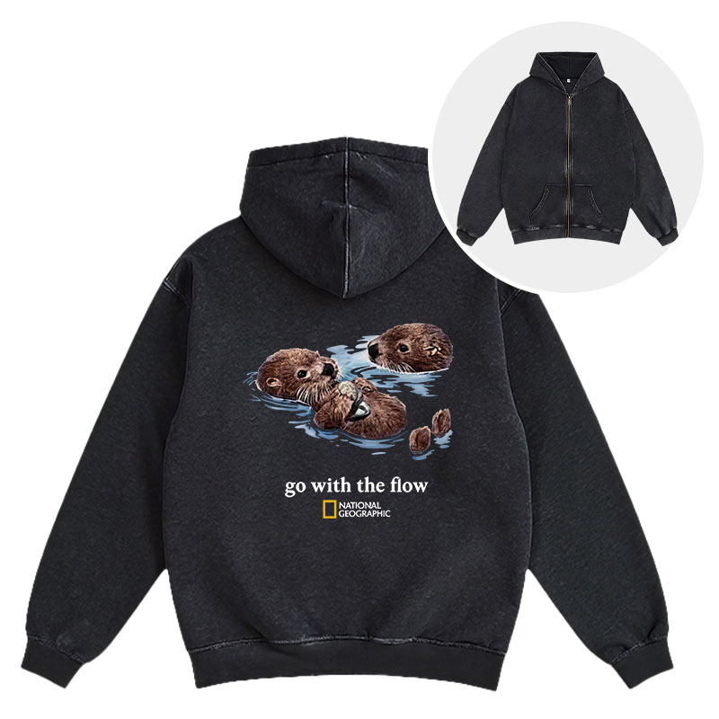 Tokyocanvas Go With The Flow Otters Washed Zip Hoodie